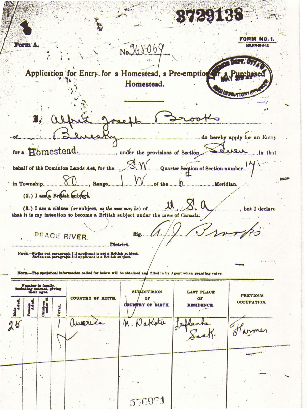 Provincial Archives of Alberta File 3729138 - Alfred Brooks -Form A